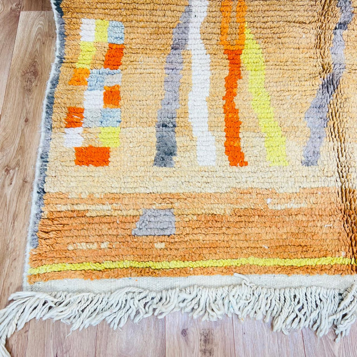 Vintage Moroccan wool rug with beige, orange and yellow abstract Berber pattern