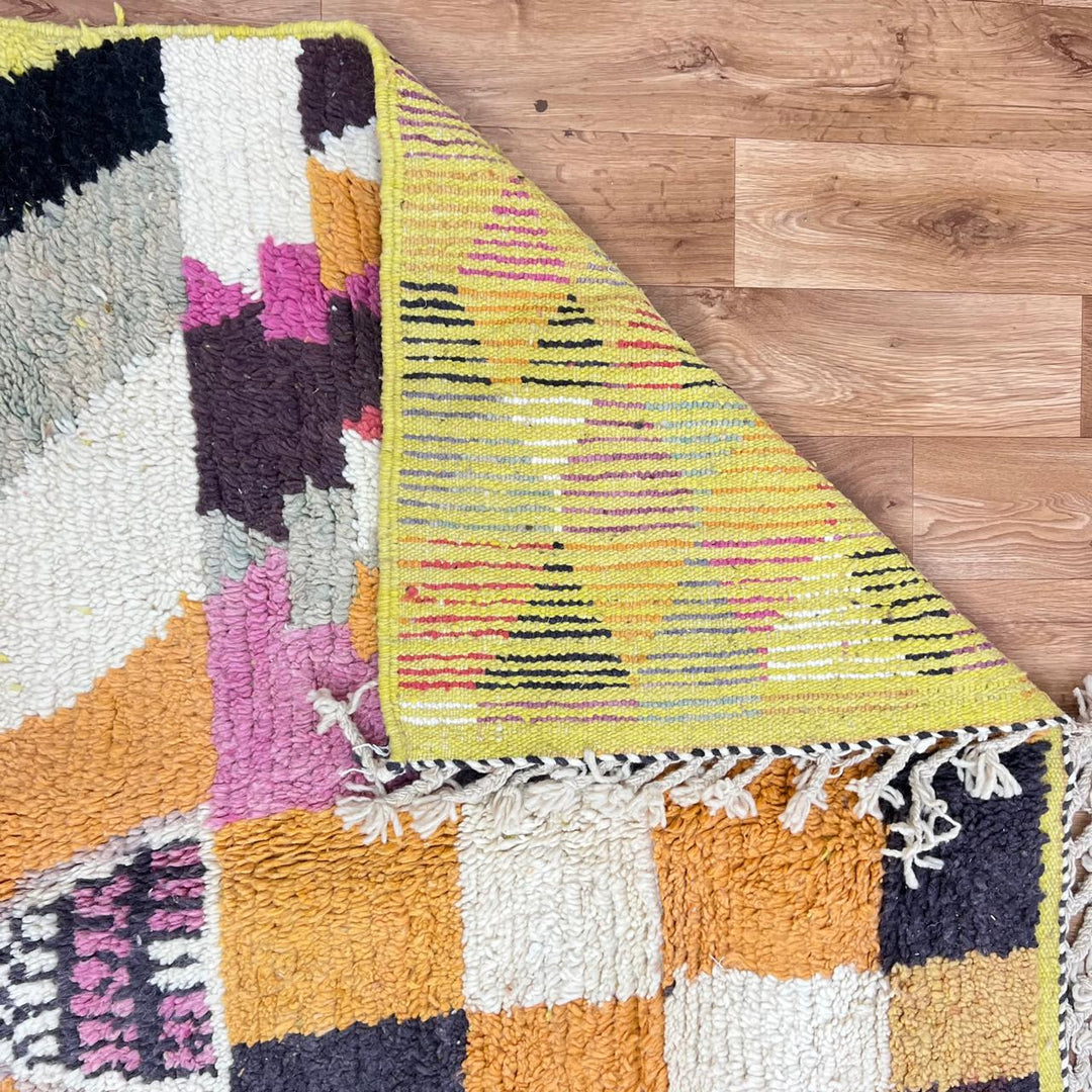 Vintage Moroccan wool rug 254 – handmade mustard yellow and pink geometric abstract boho wool rug (247 × 151 cm).