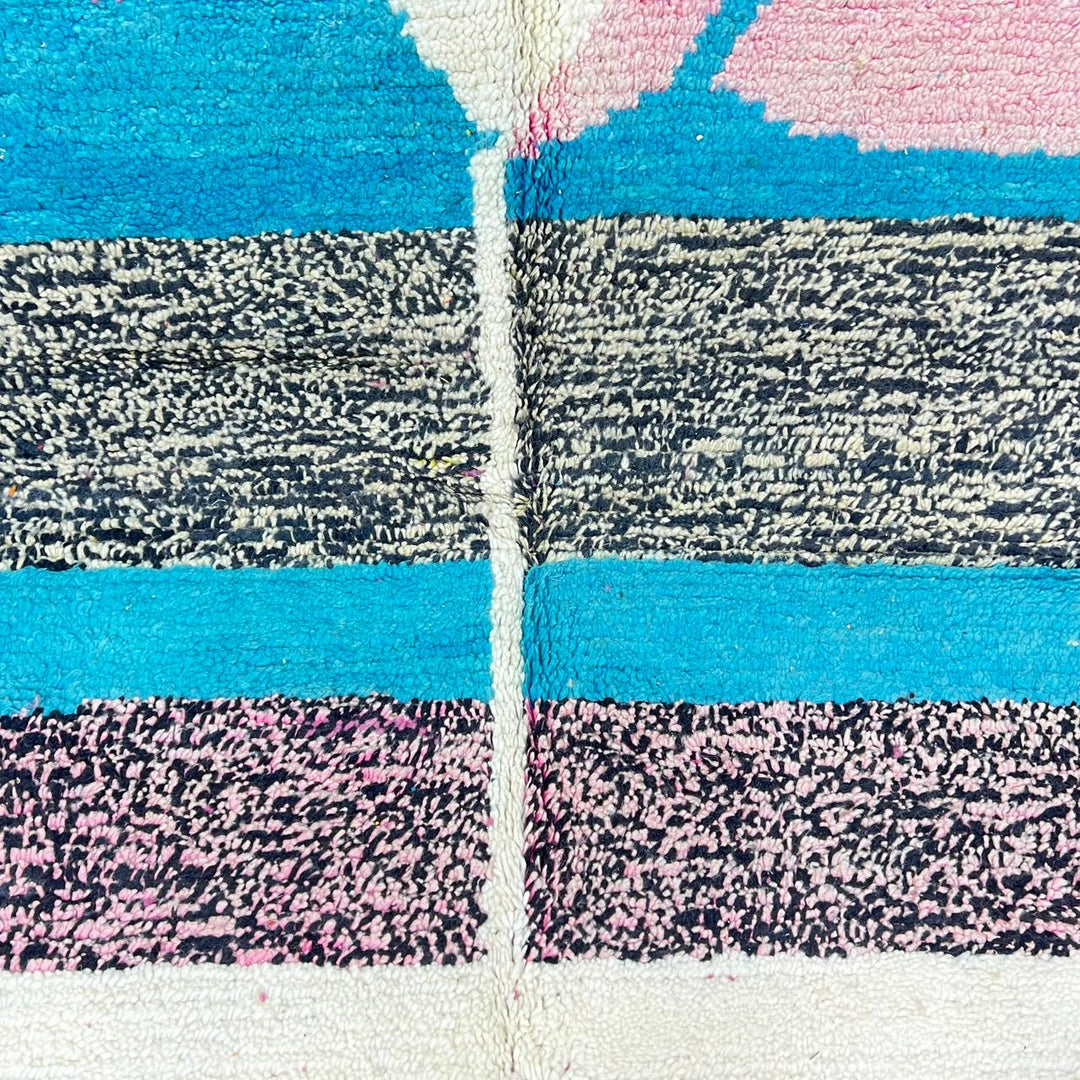 Vintage Moroccan wool rug 204 – handmade blue, cream, and pink geometric abstract Berber design (268 × 156 cm).