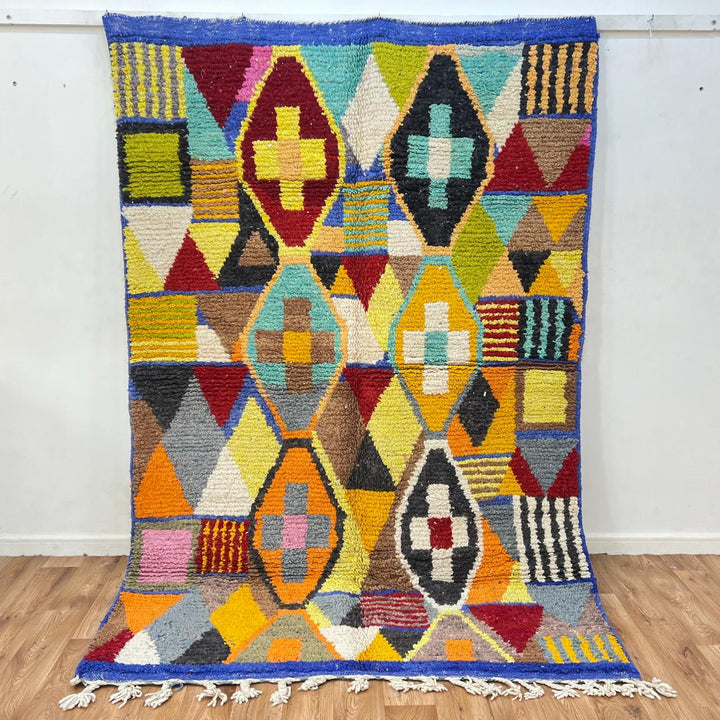 Vintage Moroccan Wool Rug 200 – handmade multicolor geometric Moroccan rug (250 × 170 cm).