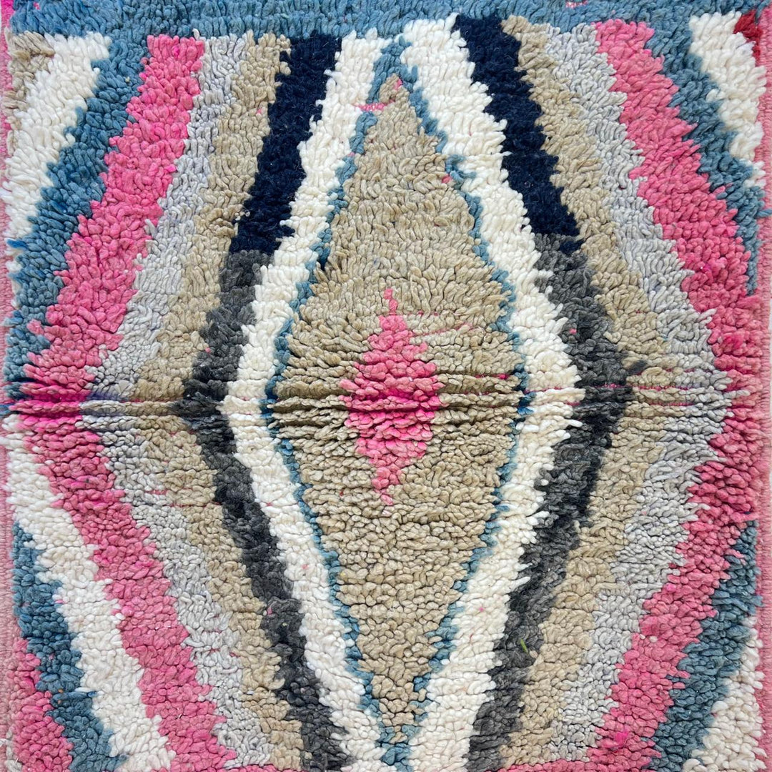 Vintage Moroccan wool runner rug 816 – handmade Berber carpet with colorful diamond geometric pattern in cream, pink, teal, and navy, 378 × 85 cm (12.40 × 2.78 ft).