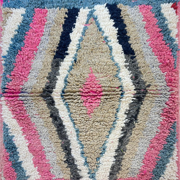 Vintage Moroccan wool runner rug 816 – handmade Berber carpet with colorful diamond geometric pattern in cream, pink, teal, and navy, 378 × 85 cm (12.40 × 2.78 ft).