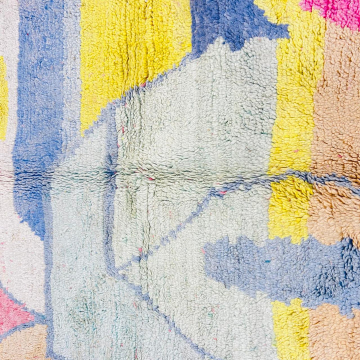 Vintage Moroccan wool rug with abstract color block design in ivory, pink, blue, yellow and charcoal, handmade Berber rug from Morocco