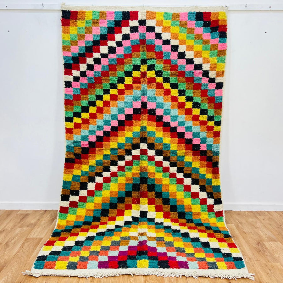 Vintage Moroccan checkered wool rug with colorful geometric squares, handmade Berber rug from Morocco, 280 x 157 cm
