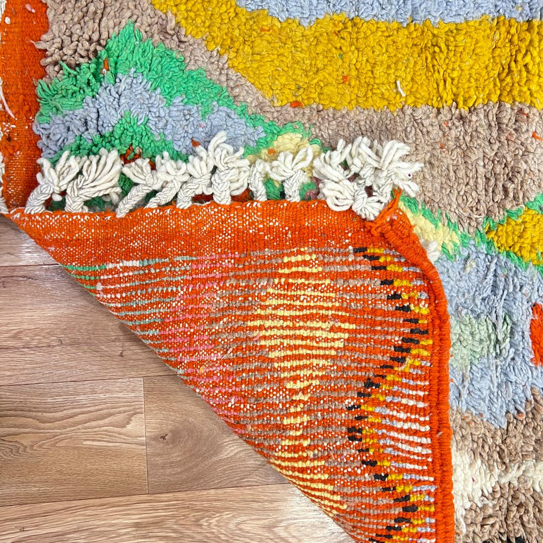 Vintage Moroccan runner rug 777 – handmade colorful wool Berber carpet with green, yellow, and pink patterns (284 × 85 cm / 9.32 × 2.78 ft).