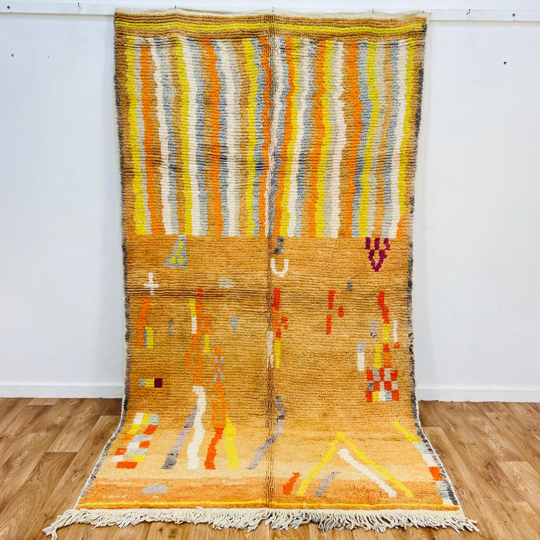 Vintage Moroccan wool rug with beige, orange and yellow abstract Berber pattern