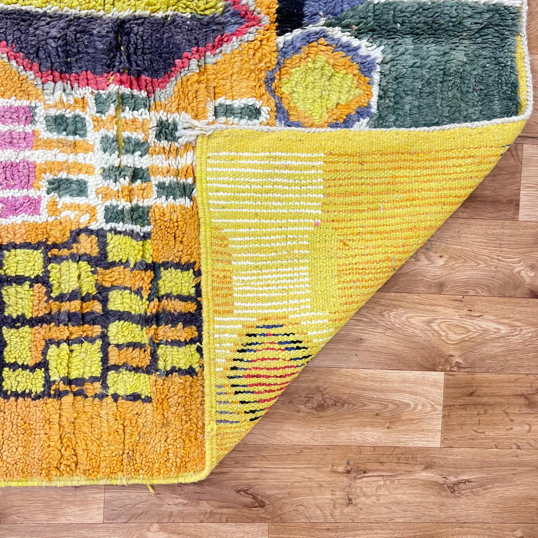 Vintage Moroccan wool rug 254 – handmade mustard yellow and pink geometric abstract boho wool rug (247 × 151 cm).