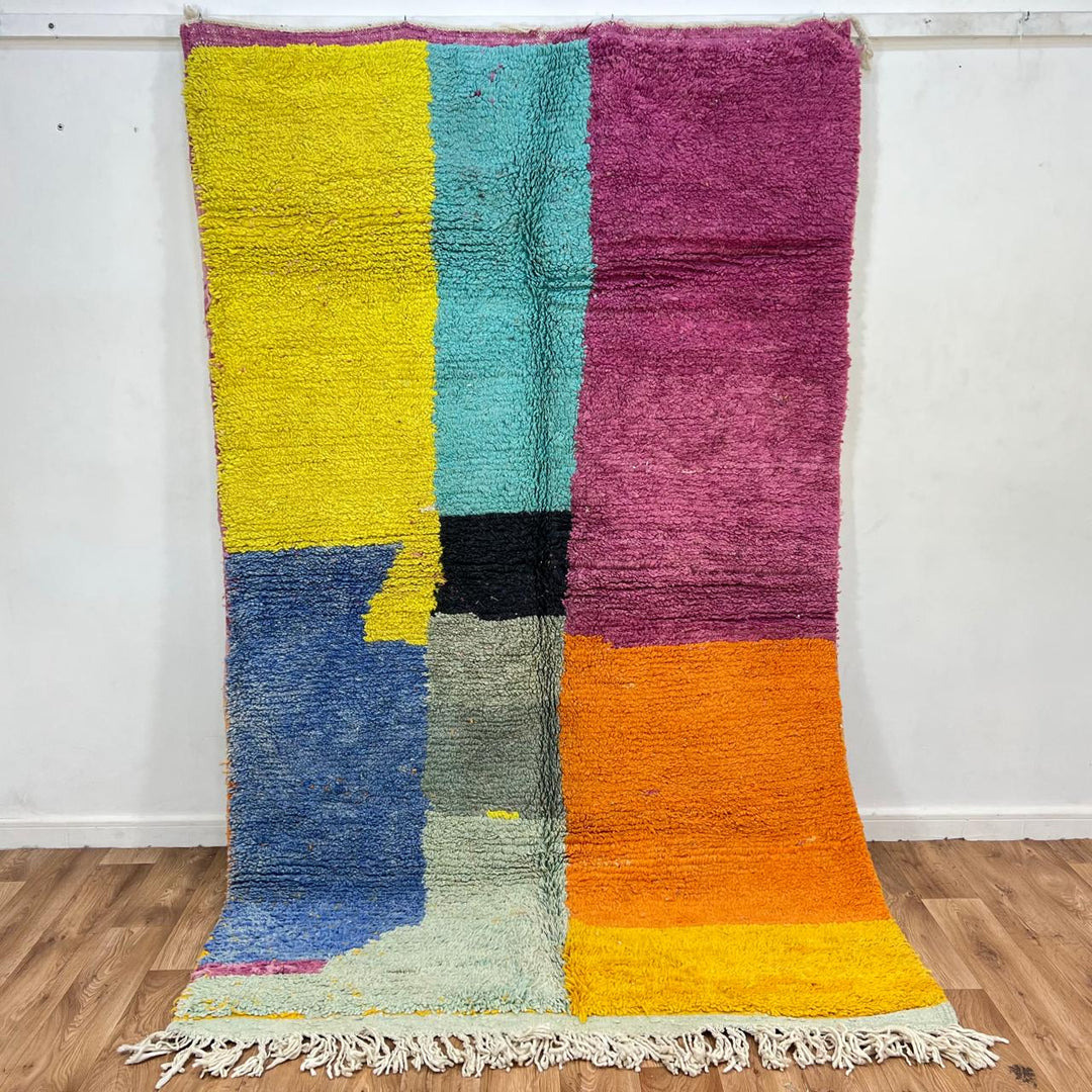 Vintage Moroccan wool rug 758 – handmade color block Berber carpet with yellow, turquoise, orange, and magenta tones (251 × 154 cm / 8.23 × 5.05 ft).