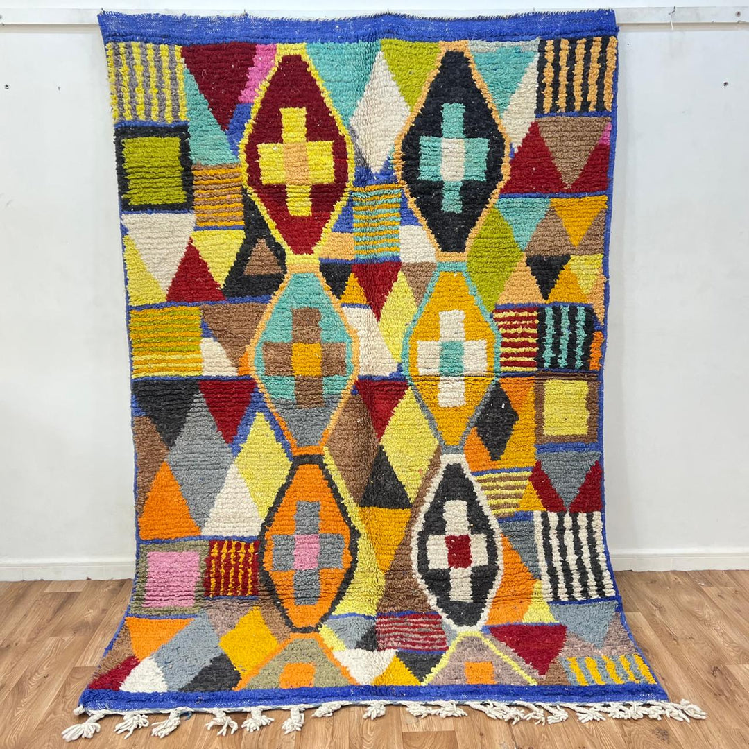 Vintage Moroccan Wool Rug 200 – handmade multicolor geometric Moroccan rug (250 × 170 cm).