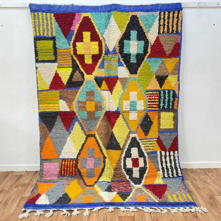 Vintage Moroccan Wool Rug 200 – handmade multicolor geometric Moroccan rug (250 × 170 cm).