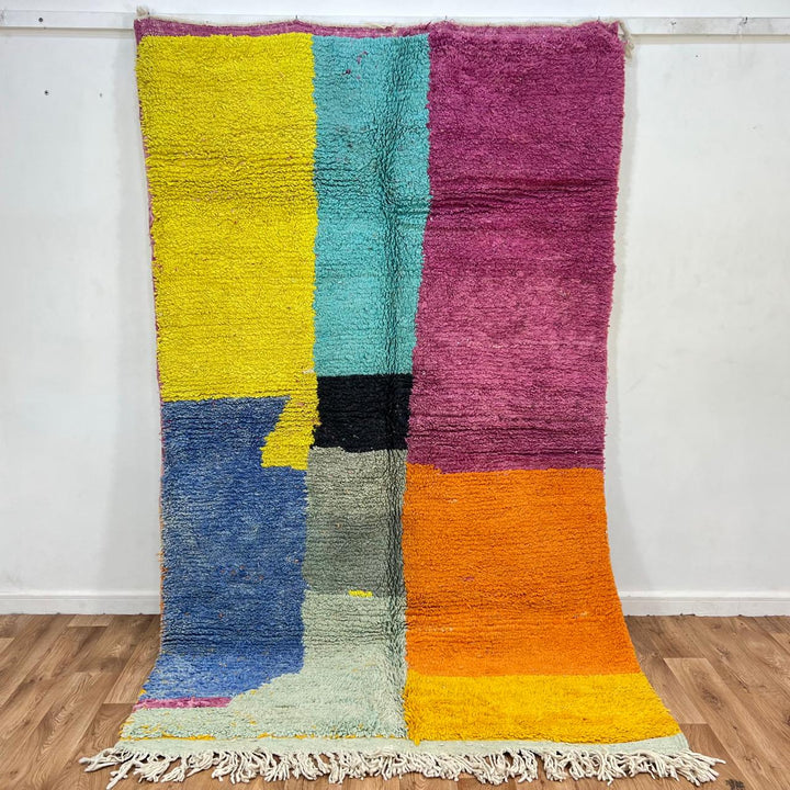 Vintage Moroccan wool rug 758 – handmade color block Berber carpet with yellow, turquoise, orange, and magenta tones (251 × 154 cm / 8.23 × 5.05 ft).