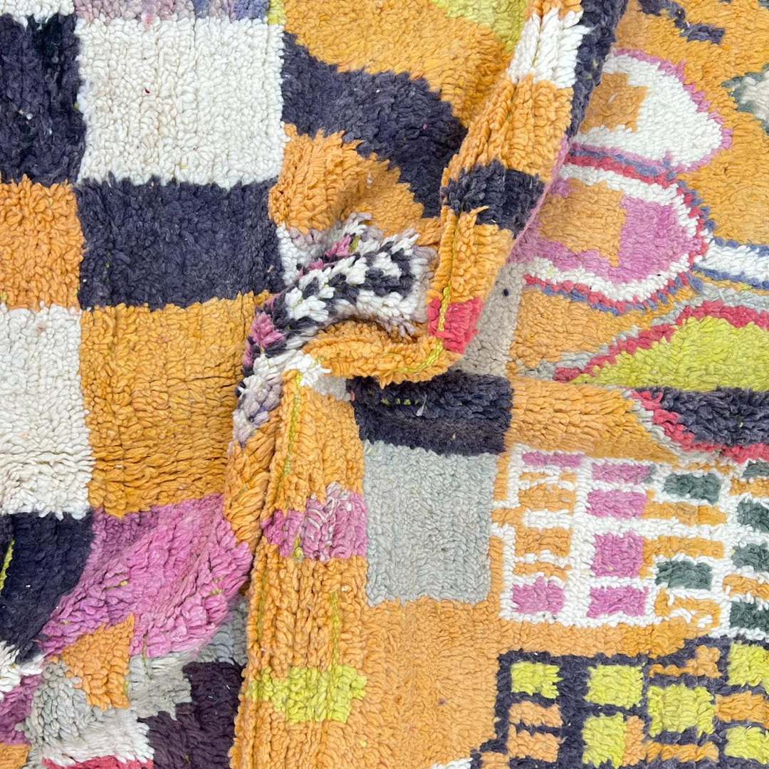 Vintage Moroccan wool rug 254 – handmade mustard yellow and pink geometric abstract boho wool rug (247 × 151 cm).