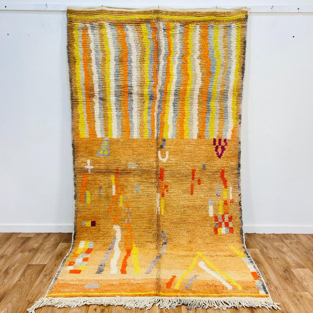 Vintage Moroccan wool rug with beige, orange and yellow abstract Berber pattern