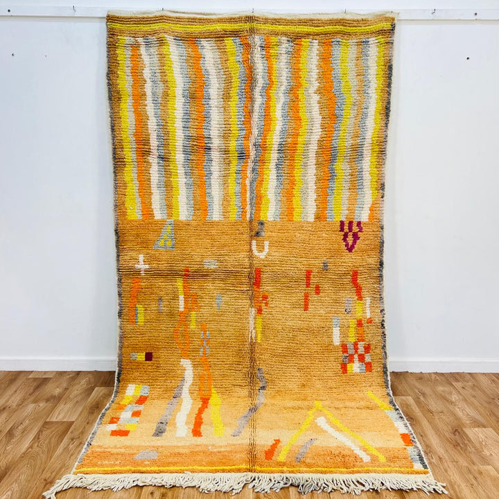 Vintage Moroccan wool rug with beige, orange and yellow abstract Berber pattern