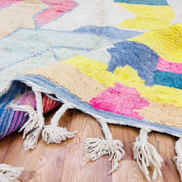 Vintage Moroccan wool rug with abstract color block design in ivory, pink, blue, yellow and charcoal, handmade Berber rug from Morocco