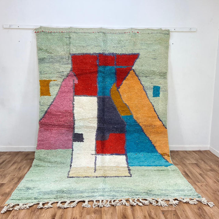 Vintage Moroccan wool rug 859 – handmade green Berber carpet with abstract color block design (301 × 201 cm / 9.87 × 6.59 ft).