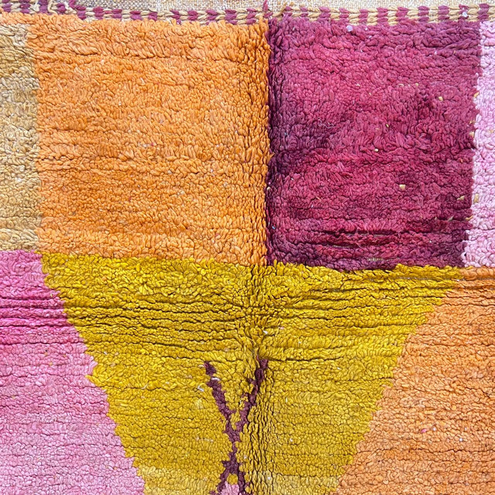 Vintage Moroccan wool rug 147 – handwoven yellow, orange, and pink geometric Berber design (244 × 156 cm).