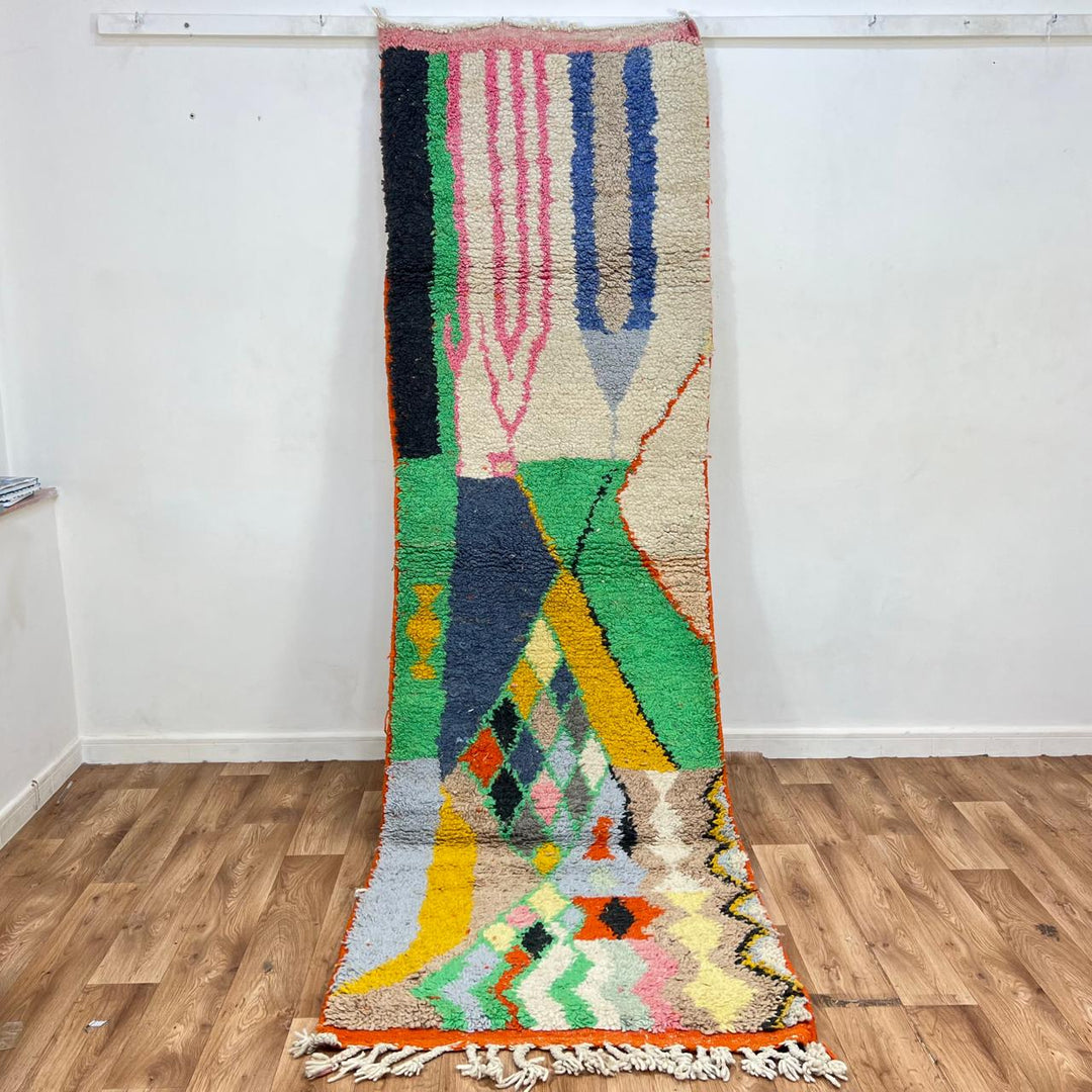 Vintage Moroccan runner rug 777 – handmade colorful wool Berber carpet with green, yellow, and pink patterns (284 × 85 cm / 9.32 × 2.78 ft).