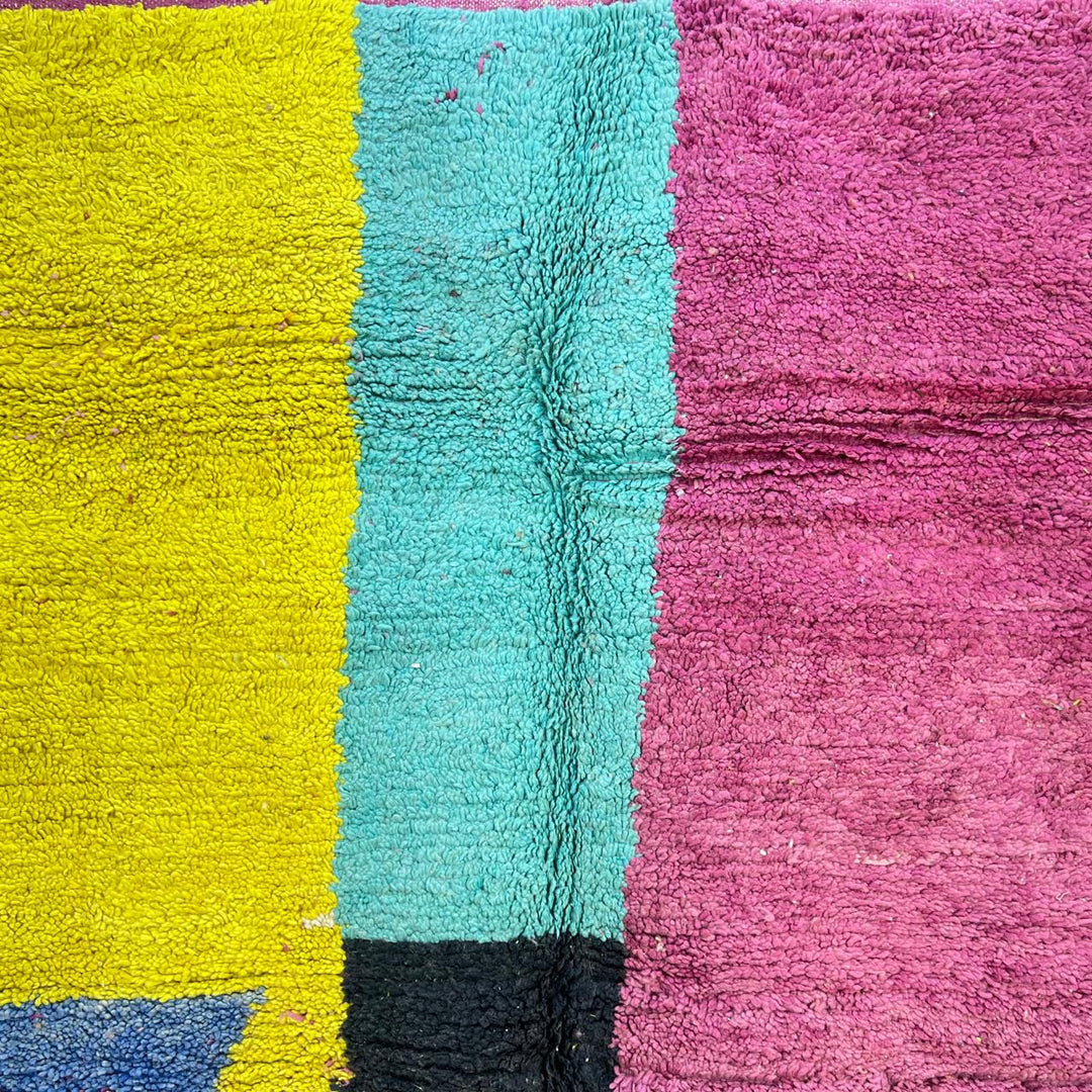 Vintage Moroccan wool rug 758 – handmade color block Berber carpet with yellow, turquoise, orange, and magenta tones (251 × 154 cm / 8.23 × 5.05 ft).