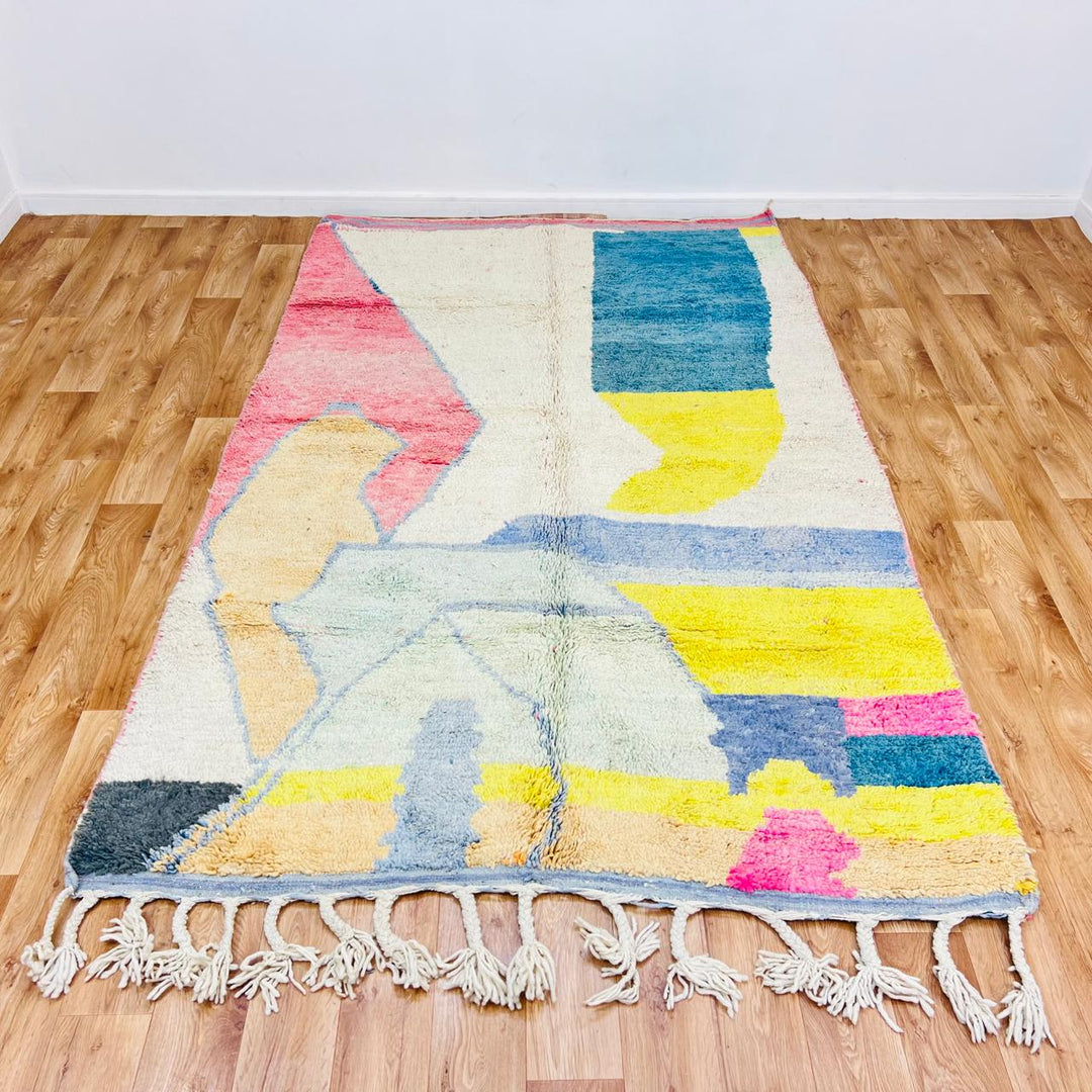 Vintage Moroccan wool rug with abstract color block design in ivory, pink, blue, yellow and charcoal, handmade Berber rug from Morocco