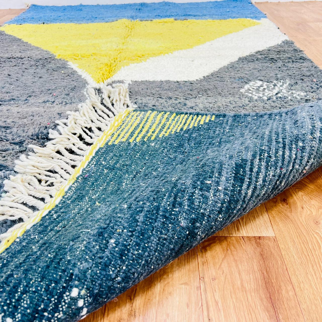 Vintage Moroccan Berber rug with blue, yellow and ivory geometric design, size 251x157 cm, handmade wool rug