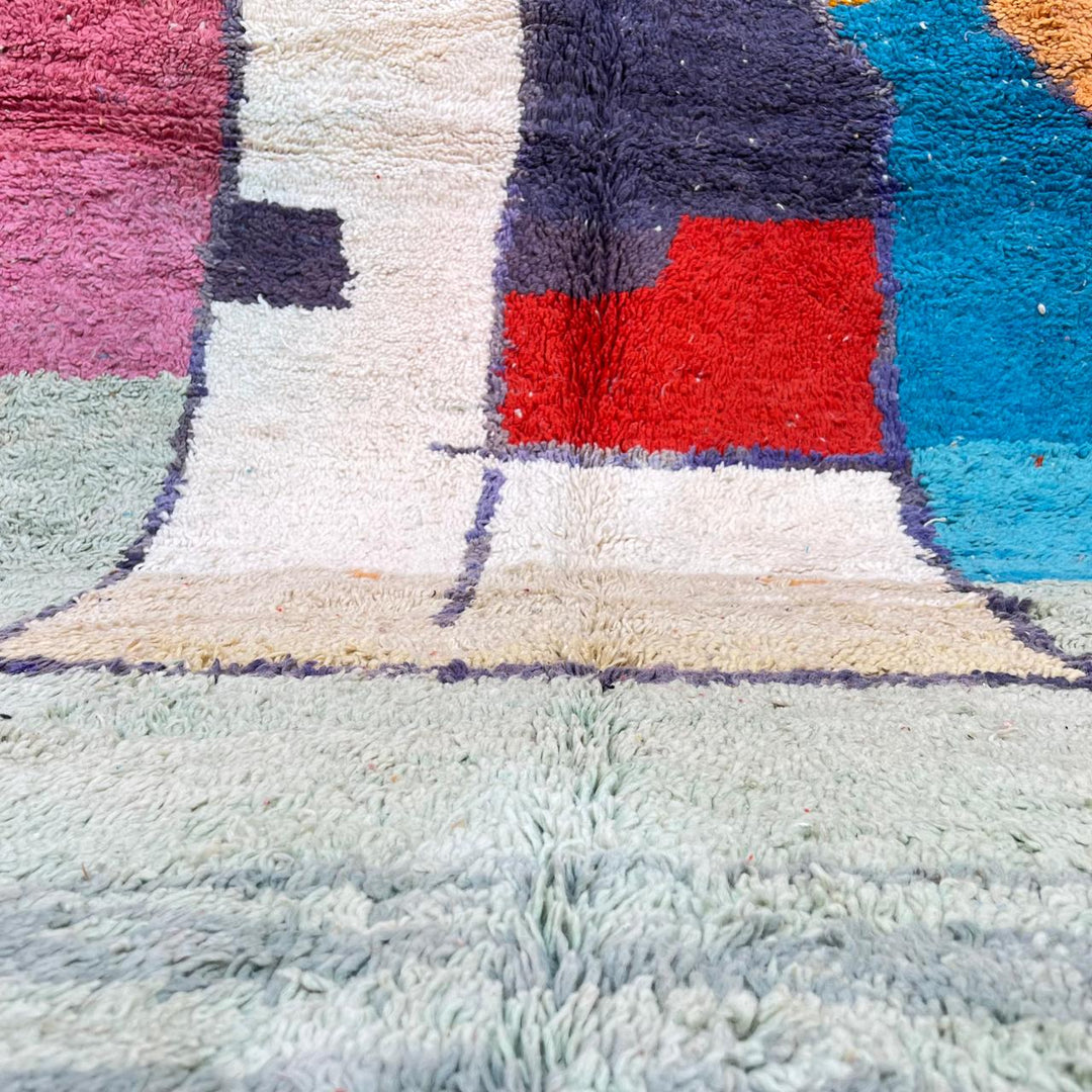 Vintage Moroccan wool rug 859 – handmade green Berber carpet with abstract color block design (301 × 201 cm / 9.87 × 6.59 ft).