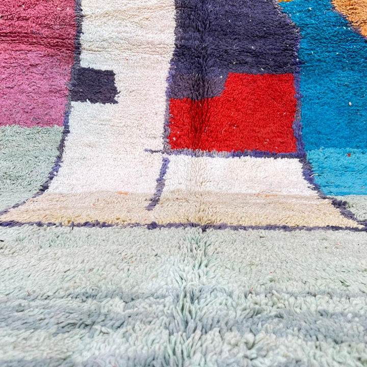 Vintage Moroccan wool rug 859 – handmade green Berber carpet with abstract color block design (301 × 201 cm / 9.87 × 6.59 ft).