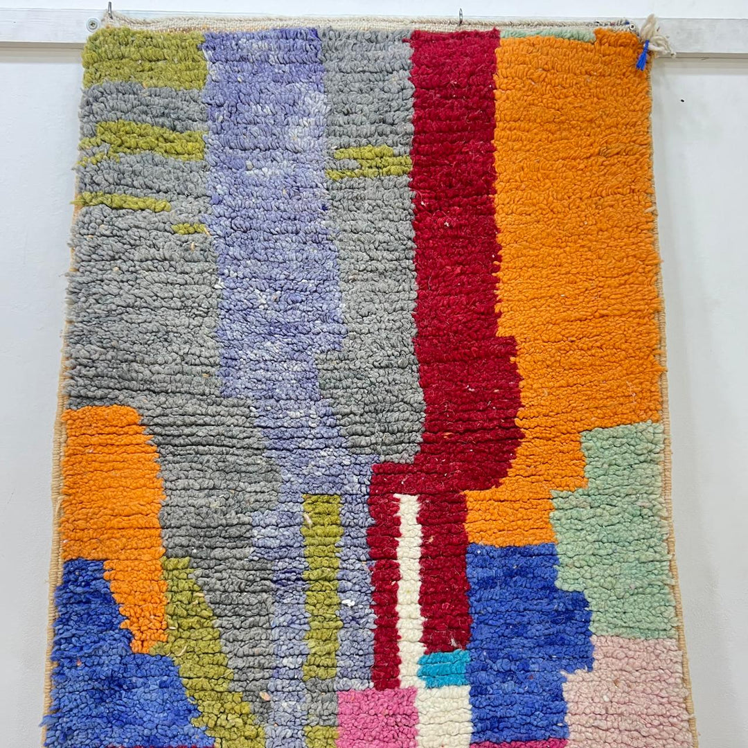 Vintage Moroccan wool runner rug 814 – handmade colorful Berber wool carpet 409 × 80 cm (13.41 × 2.62 ft).