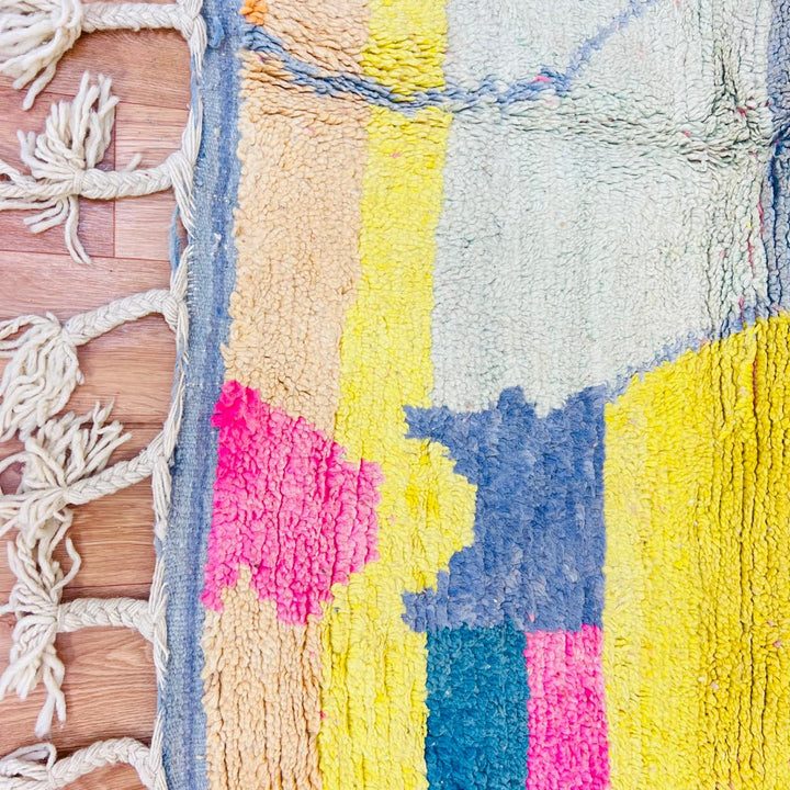Vintage Moroccan wool rug with abstract color block design in ivory, pink, blue, yellow and charcoal, handmade Berber rug from Morocco