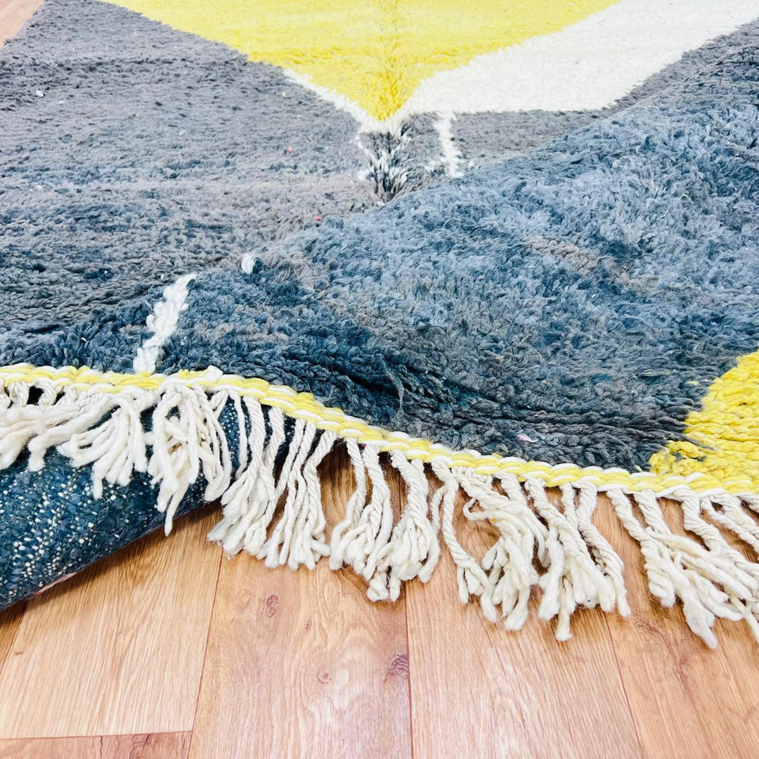 Vintage Moroccan Berber rug with blue, yellow and ivory geometric design, size 251x157 cm, handmade wool rug