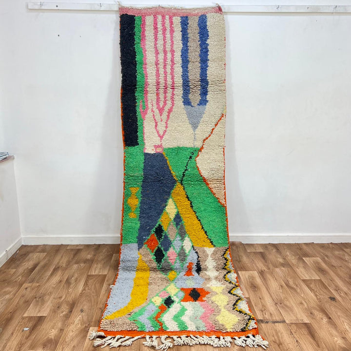Vintage Moroccan runner rug 777 – handmade colorful wool Berber carpet with green, yellow, and pink patterns (284 × 85 cm / 9.32 × 2.78 ft).
