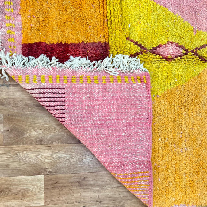 Vintage Moroccan wool rug 147 – handwoven yellow, orange, and pink geometric Berber design (244 × 156 cm).