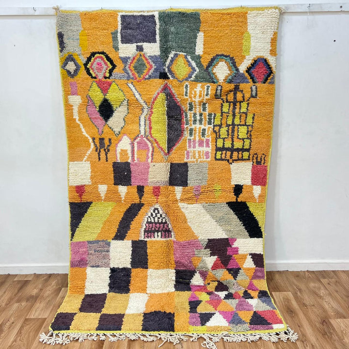 Vintage Moroccan wool rug 254 – handmade mustard yellow and pink geometric abstract boho wool rug (247 × 151 cm).