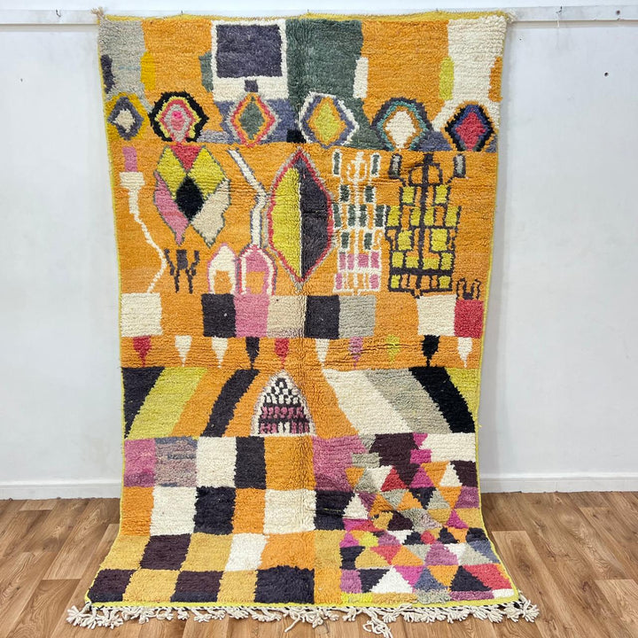 Vintage Moroccan wool rug 254 – handmade mustard yellow and pink geometric abstract boho wool rug (247 × 151 cm).