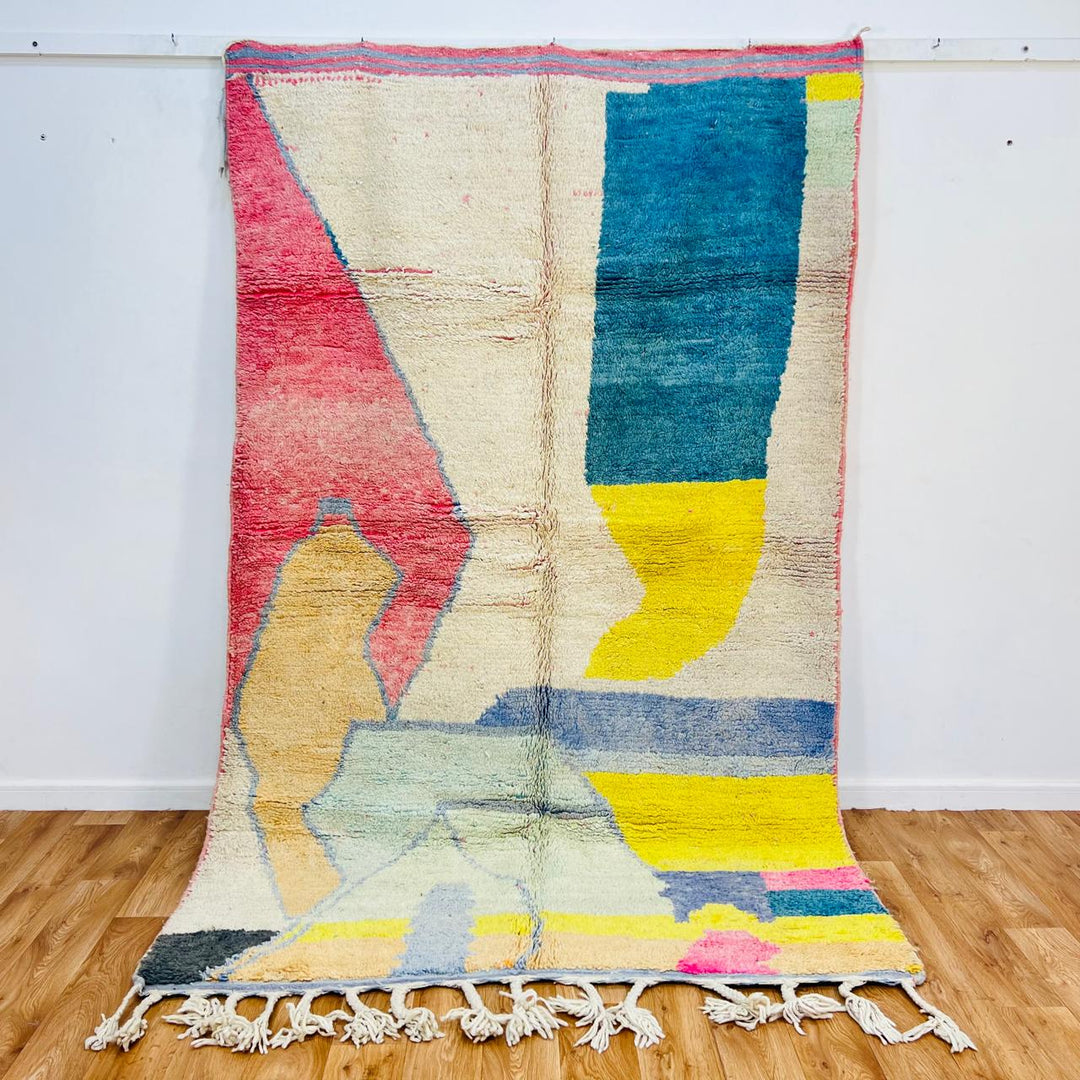 Vintage Moroccan wool rug with abstract color block design in ivory, pink, blue, yellow and charcoal, handmade Berber rug from Morocco