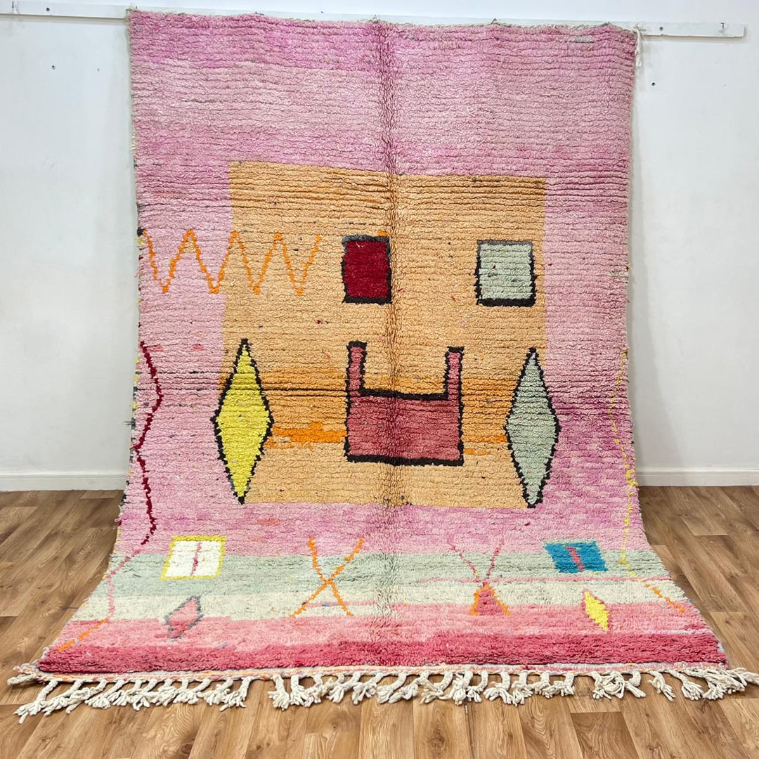 Vintage Moroccan wool rug 914 – handwoven pink and yellow abstract Berber carpet with geometric tribal motifs, 293 × 204 cm (9.61 × 6.69 ft).