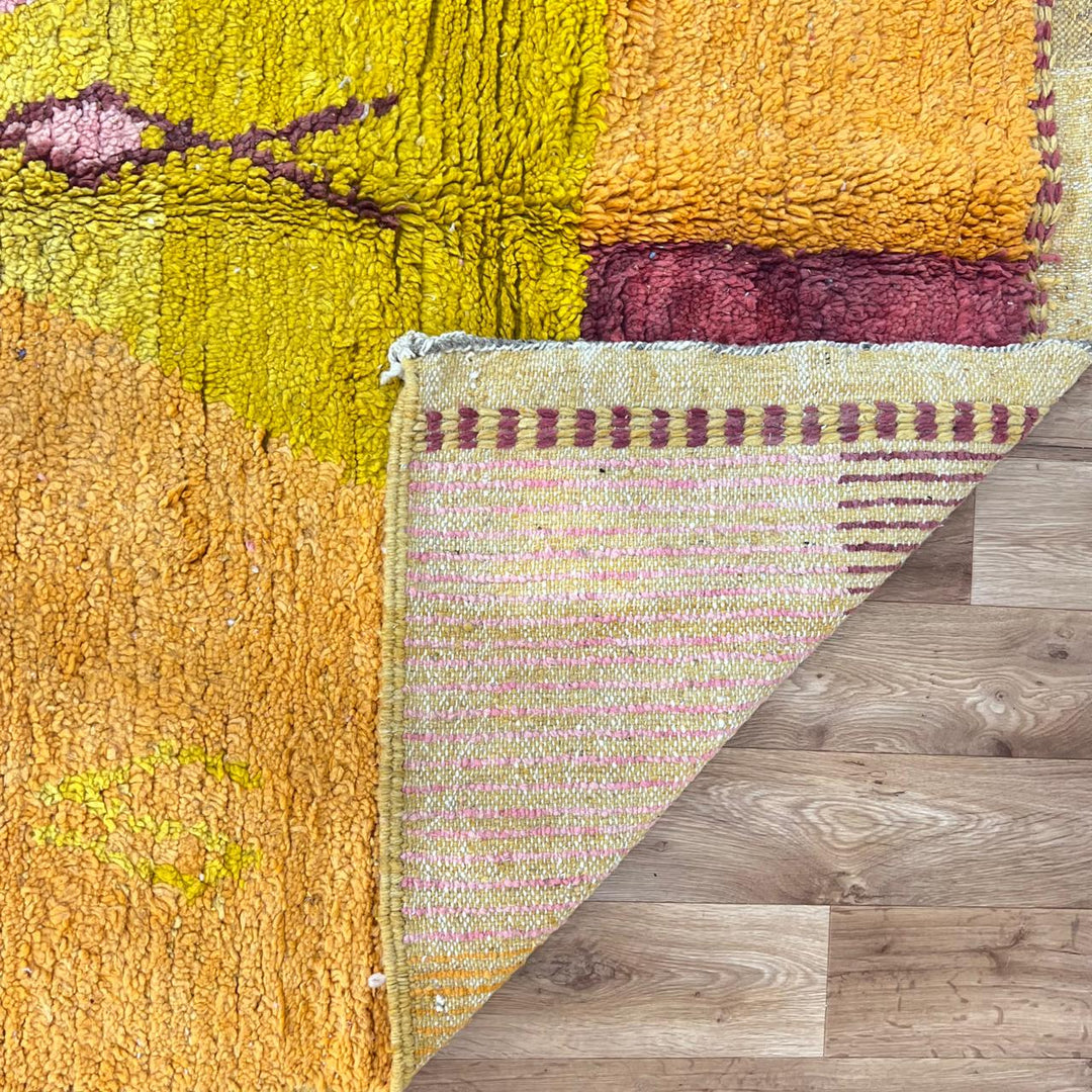 Vintage Moroccan wool rug 147 – handwoven yellow, orange, and pink geometric Berber design (244 × 156 cm).