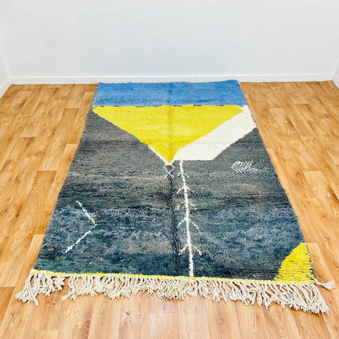 Vintage Moroccan Berber rug with blue, yellow and ivory geometric design, size 251x157 cm, handmade wool rug