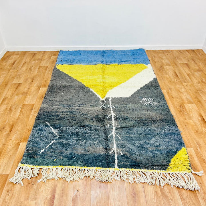 Vintage Moroccan Berber rug with blue, yellow and ivory geometric design, size 251x157 cm, handmade wool rug