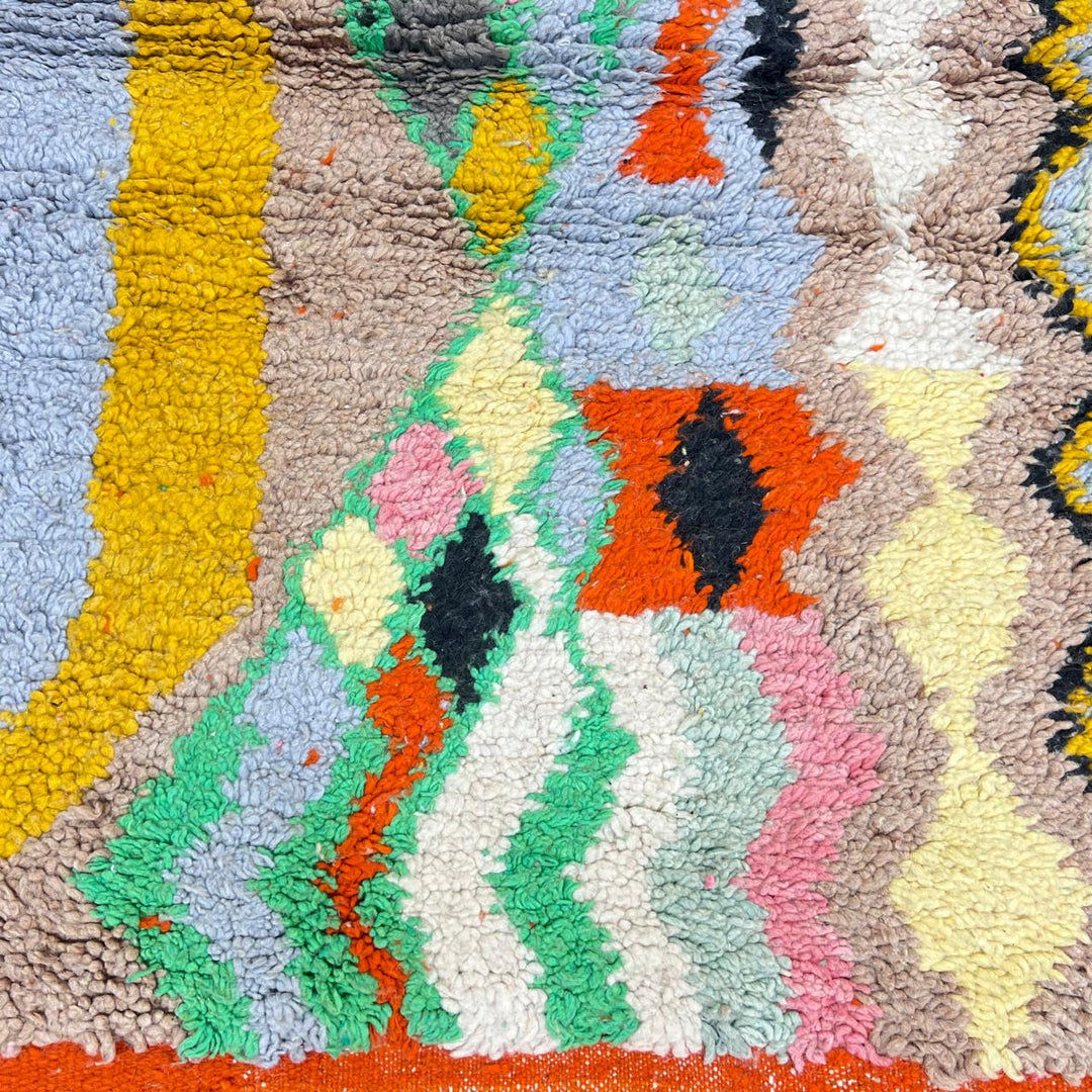 Vintage Moroccan runner rug 777 – handmade colorful wool Berber carpet with green, yellow, and pink patterns (284 × 85 cm / 9.32 × 2.78 ft).