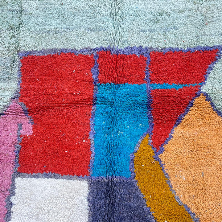 Vintage Moroccan wool rug 859 – handmade green Berber carpet with abstract color block design (301 × 201 cm / 9.87 × 6.59 ft).