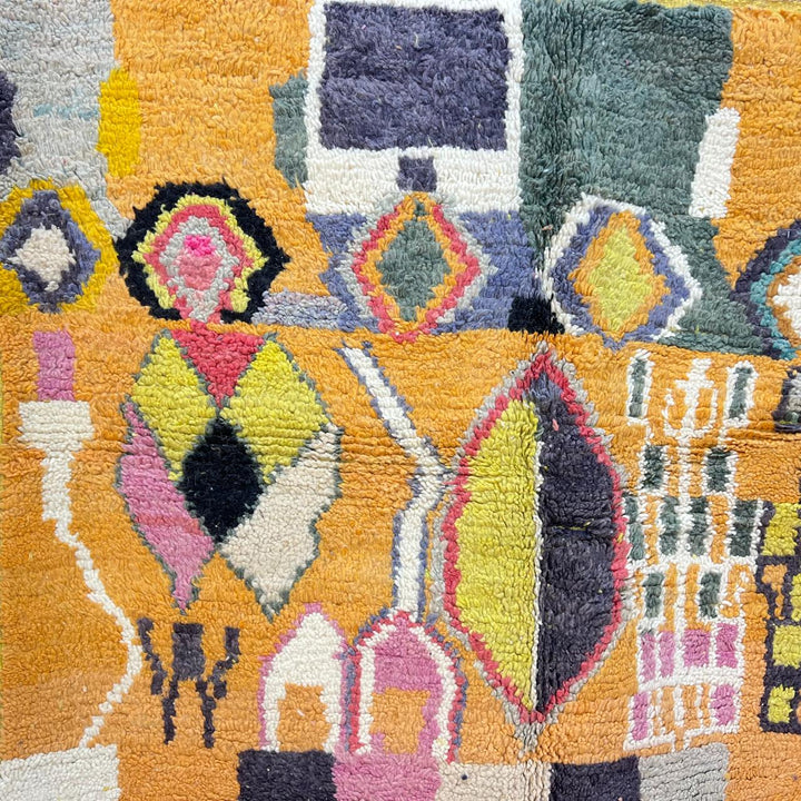 Vintage Moroccan wool rug 254 – handmade mustard yellow and pink geometric abstract boho wool rug (247 × 151 cm).