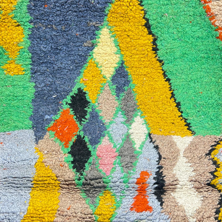 Vintage Moroccan runner rug 777 – handmade colorful wool Berber carpet with green, yellow, and pink patterns (284 × 85 cm / 9.32 × 2.78 ft).