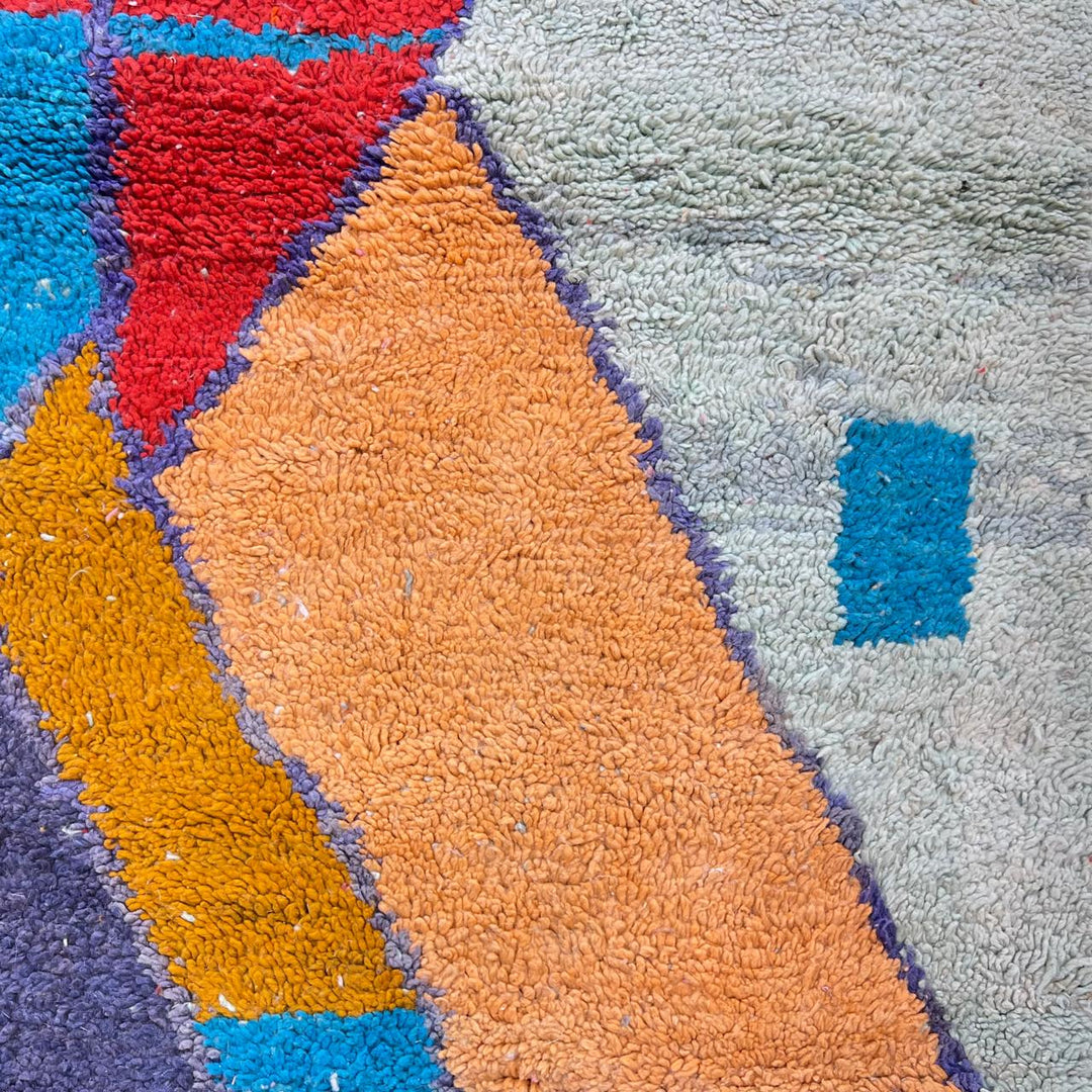 Vintage Moroccan wool rug 859 – handmade green Berber carpet with abstract color block design (301 × 201 cm / 9.87 × 6.59 ft).