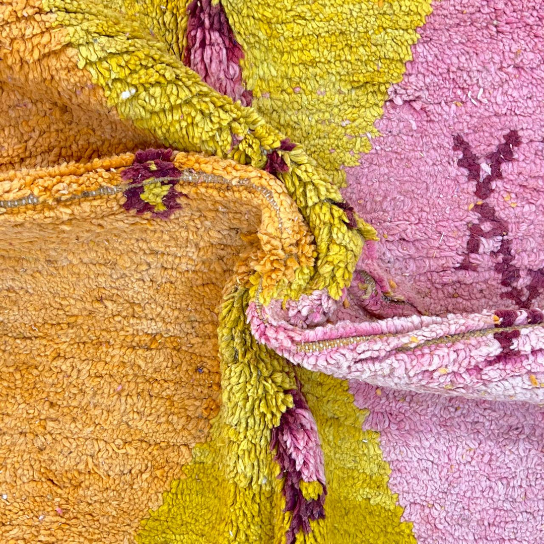 Vintage Moroccan wool rug 147 – handwoven yellow, orange, and pink geometric Berber design (244 × 156 cm).