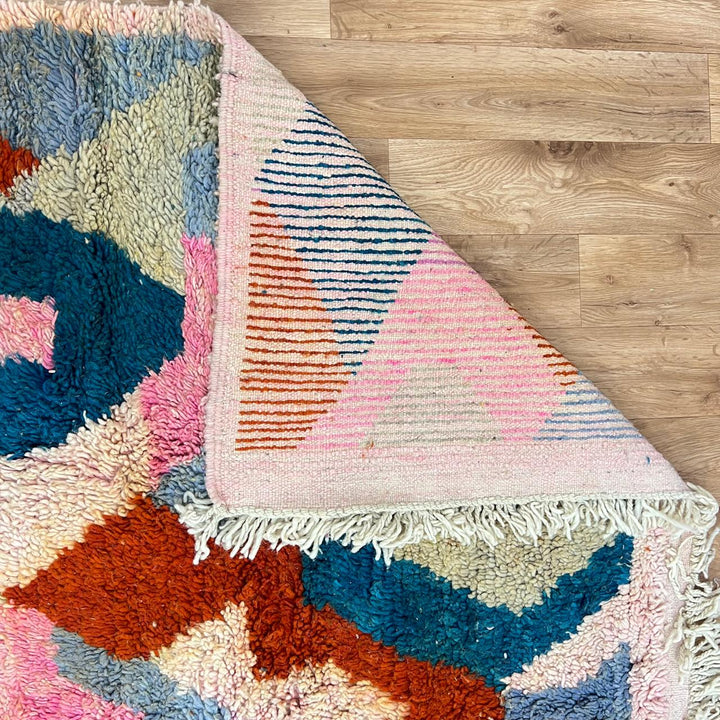 Vintage Moroccan wool rug 26 – handmade colorful geometric abstract design (317 × 205 cm).