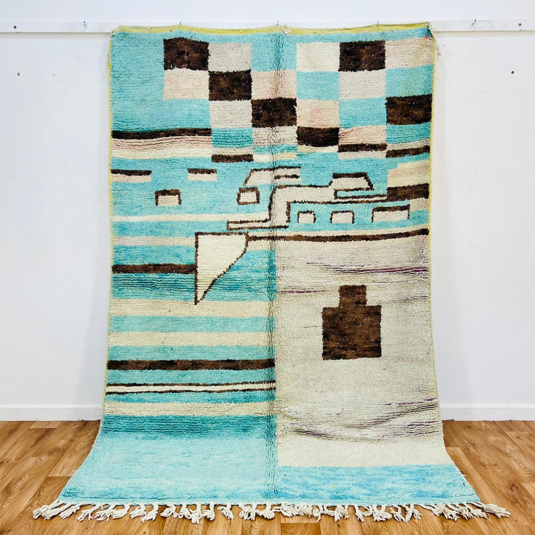 Vintage Moroccan wool rug 738 – handmade blue beige geometric Berber wool carpet 250 × 166 cm (8.37 × 5.25 ft)