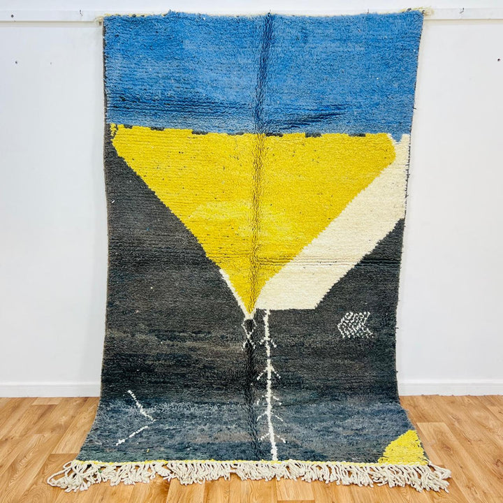 Vintage Moroccan Berber rug with blue, yellow and ivory geometric design, size 251x157 cm, handmade wool rug
