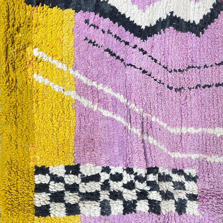 Vintage Moroccan wool rug 729 – handmade pink, yellow, and blue Berber carpet with abstract geometric tribal motifs, 268 × 164 cm (8.79 × 5.38 ft).