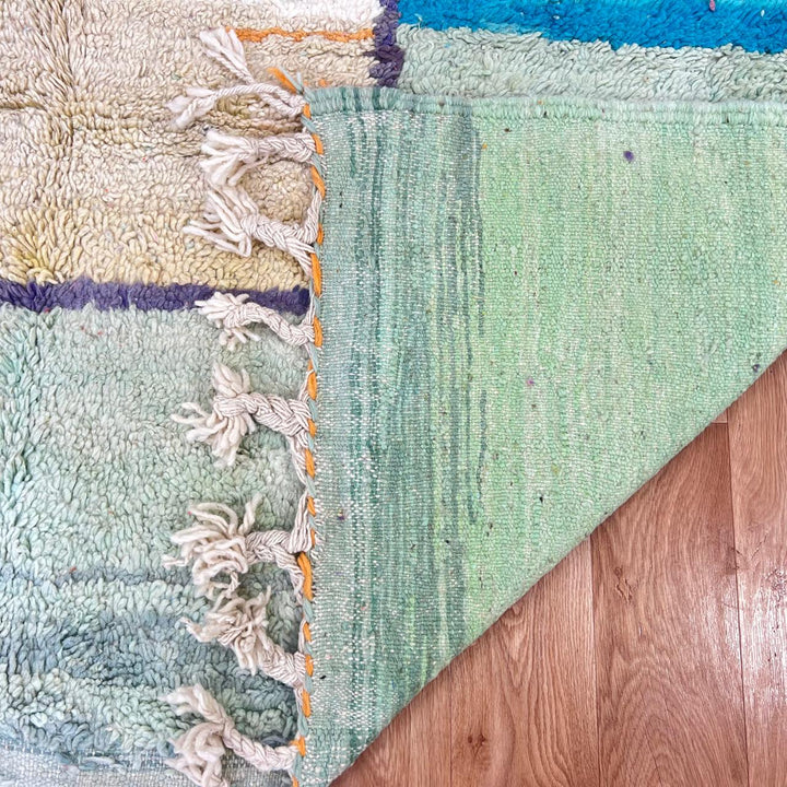 Vintage Moroccan wool rug 859 – handmade green Berber carpet with abstract color block design (301 × 201 cm / 9.87 × 6.59 ft).